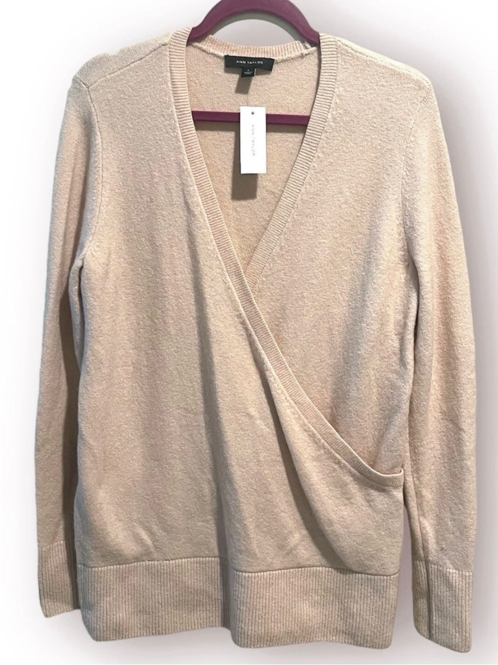 NWT Ann Taylor Faux Wrap Sweater M Quiet Luxury Minimalist Blush Alpaca Blend
